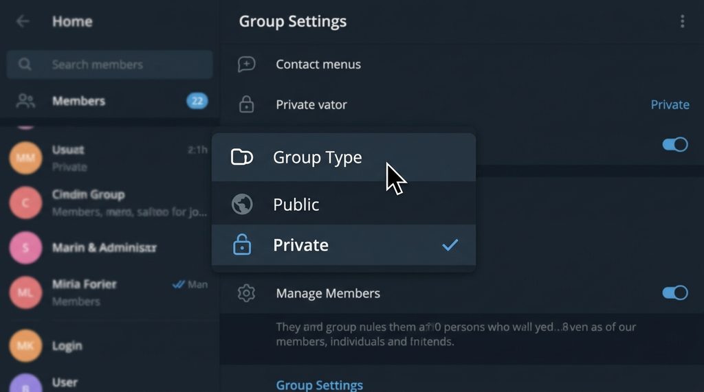 Telegram 群组设置界面截图,光标正悬停在“群组类型”选项上,界面呈现深色模式,简洁明了