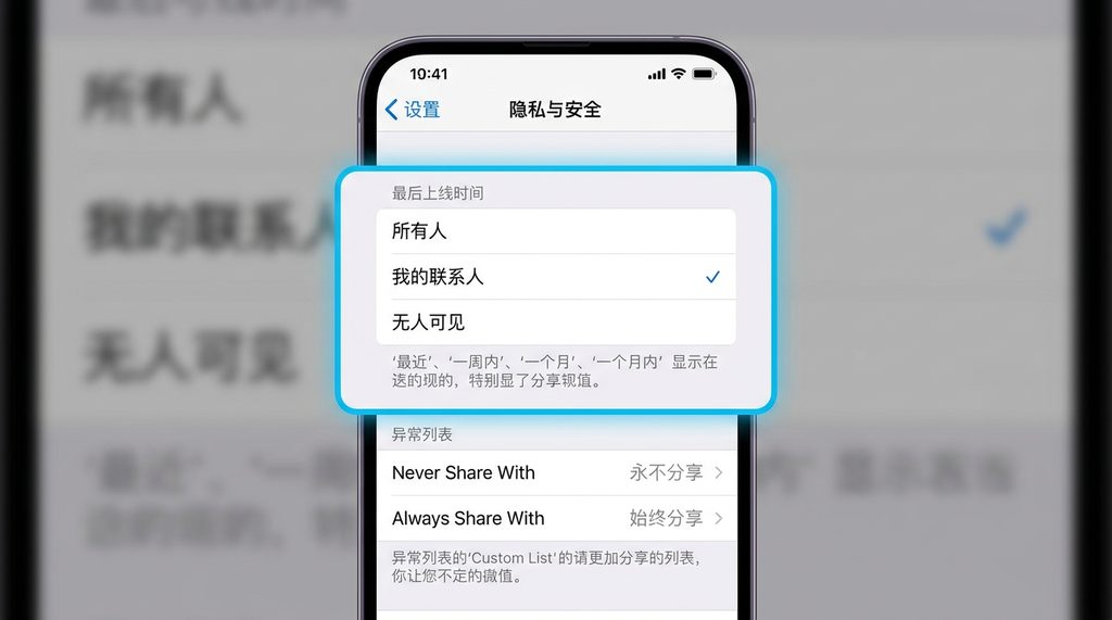 Telegram 手机端隐私与安全设置界面截图,高亮显示最后上线时间选项