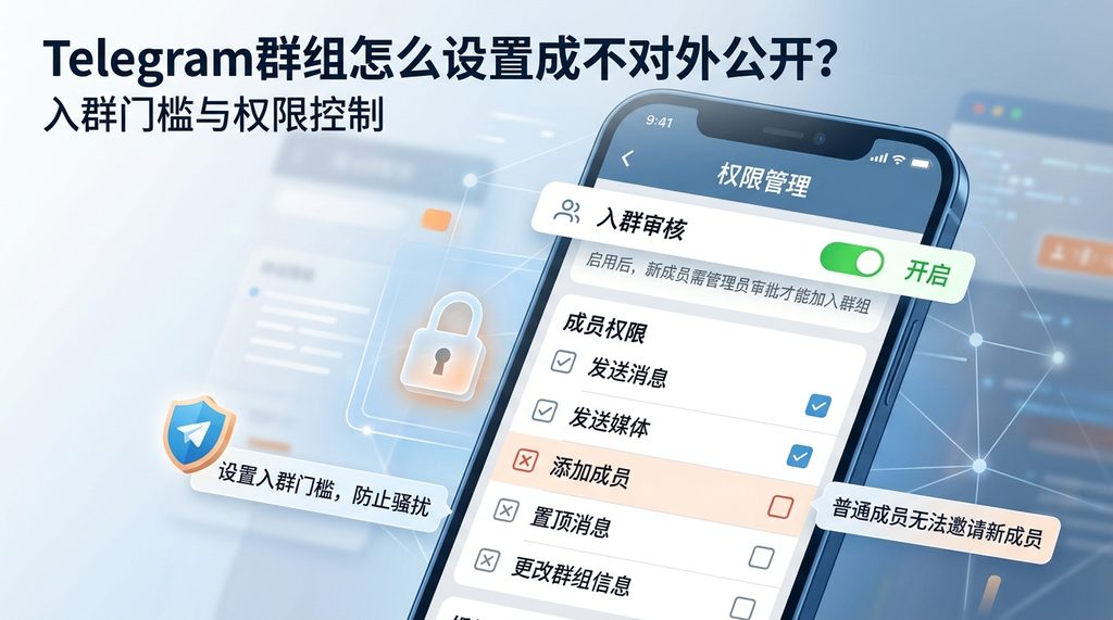 手机端 Telegram 权限管理设置页,展示着入群审核开关和成员权限选项的勾选状态