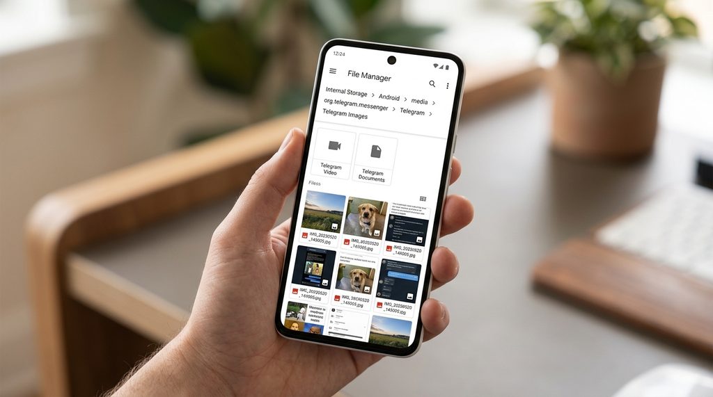 一部安卓手机打开文件管理应用,屏幕显示进入Android/media文件夹下的Telegram路径,