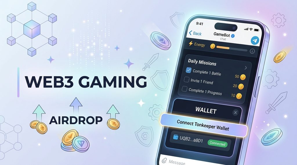 一个清晰的手机界面截图，显示 Telegram 聊天窗口中正在运行一个带有钱包绑定功能的 Web3 