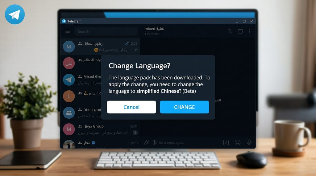 Telegram 电脑版弹出语言确认弹窗，界面简洁显示“Change Language?”按钮的特写