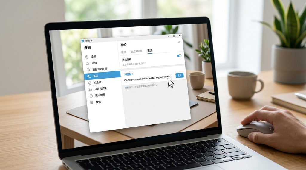 电脑桌面显示Telegram Desktop设置界面,鼠标指向下载路径设置栏,背景为简洁的办公环境