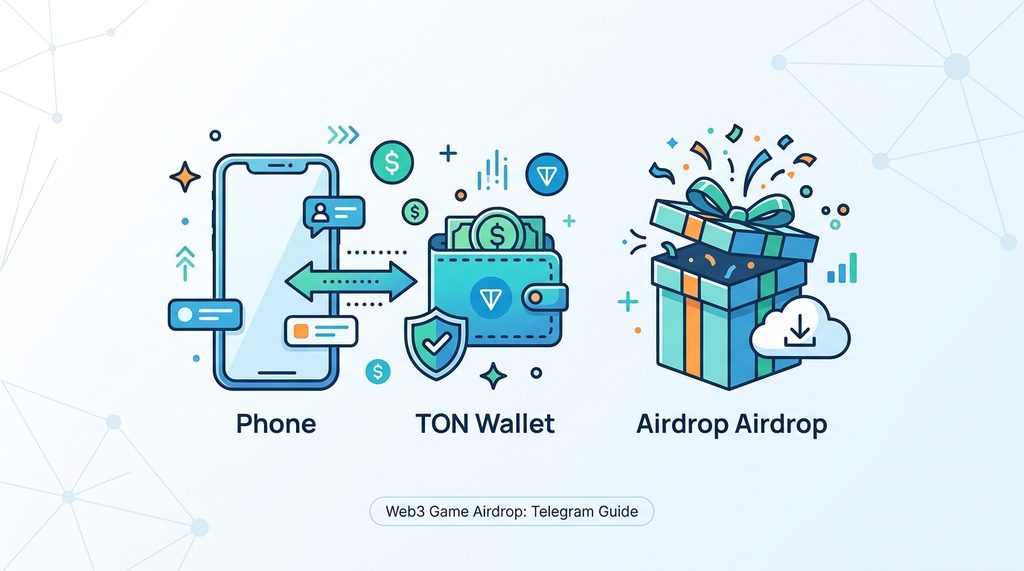 极简风格的图标展示：手机连接数字钱包图标，旁边是一个代表空投礼盒的矢量图形