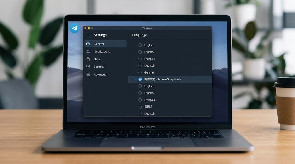 Telegram 电脑版设置菜单中选择语言的界面截图，列表清晰显示中文选项