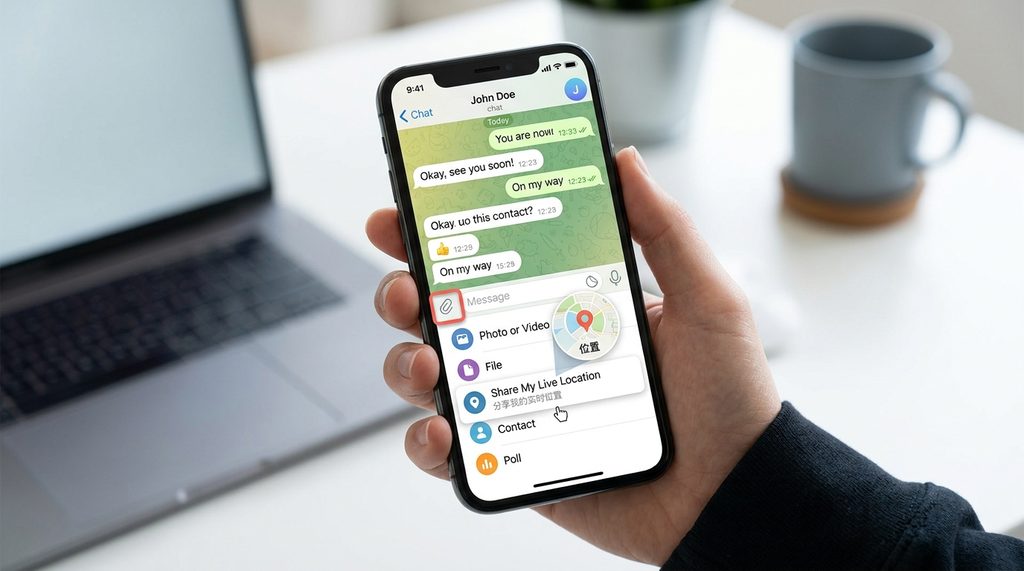 Telegram聊天界面点击回形针图标后，弹出位置发送菜单的手机屏幕截图