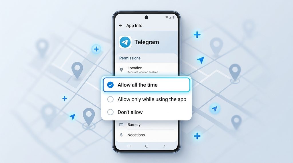 手机设置界面中，Telegram应用权限管理页面，勾选始终获取位置的演示图