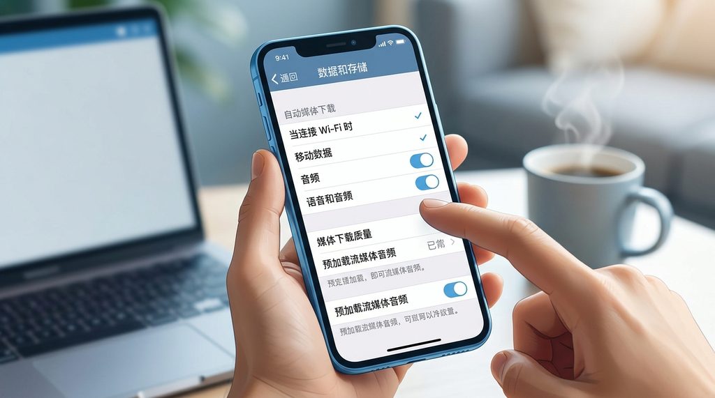 用户在Telegram设置菜单中调整数据与存储界面的示意图,展示自动下载选项被勾选,界面风格现代简洁