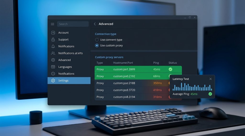 Telegram电脑端设置界面，展示代理服务器的Ping延迟监控视图