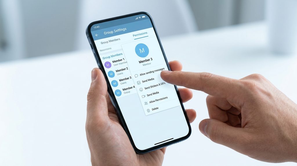 一个展示Telegram群组后台管理权限设置的界面,手指正在点击成员列表中的权限修改选项,现代简约U