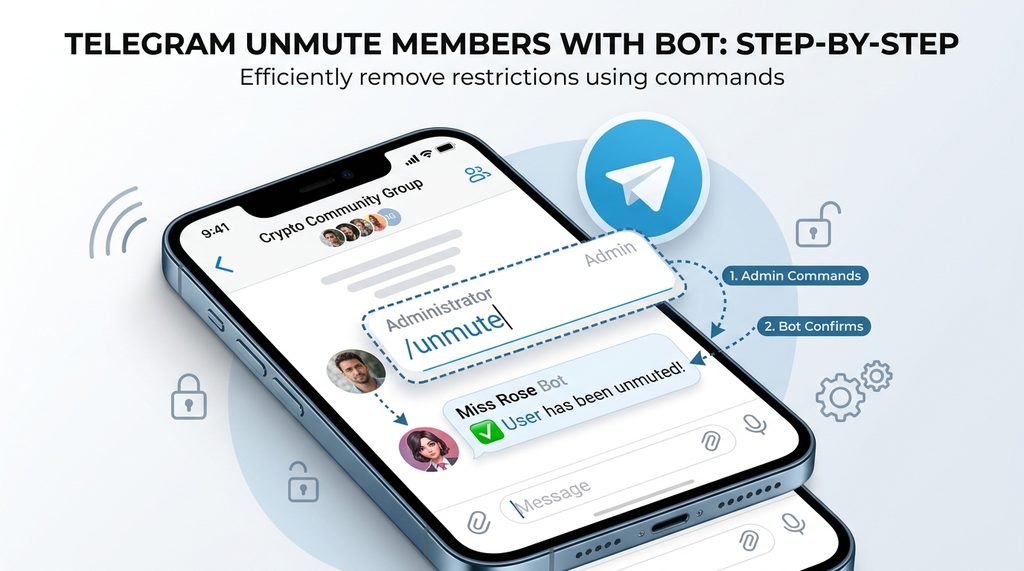 手机屏幕显示Telegram聊天窗口,管理员输入/unmute指令并成功收到机器人回复的操作流程图
